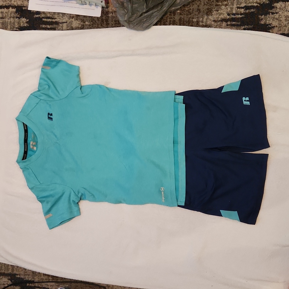 Boys Russell Active Teal Shirt & Navy & Teal Shorts Size XS